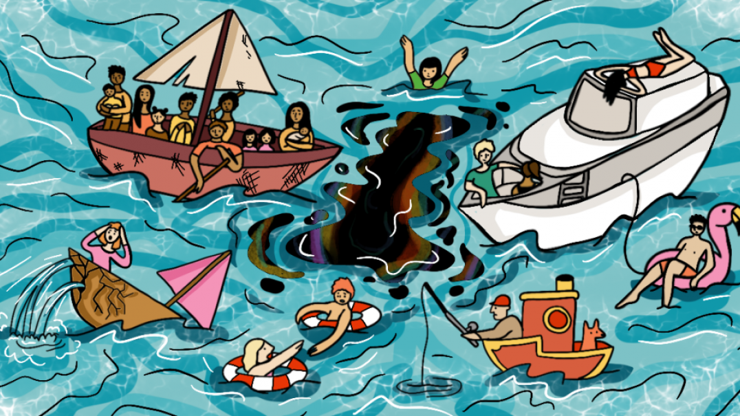 Cartoon image of people on boats out at sea