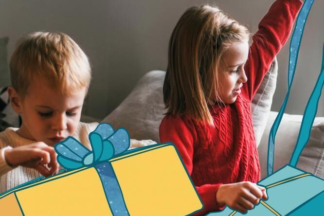 young boy and girl opening presents